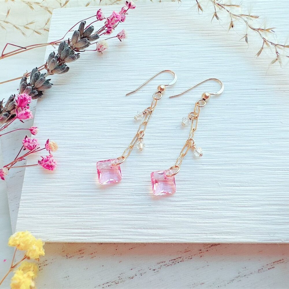 14k Gold-Filled Dainty Princess Cut Crystal Long Chain Earrings | Handmade in BC
